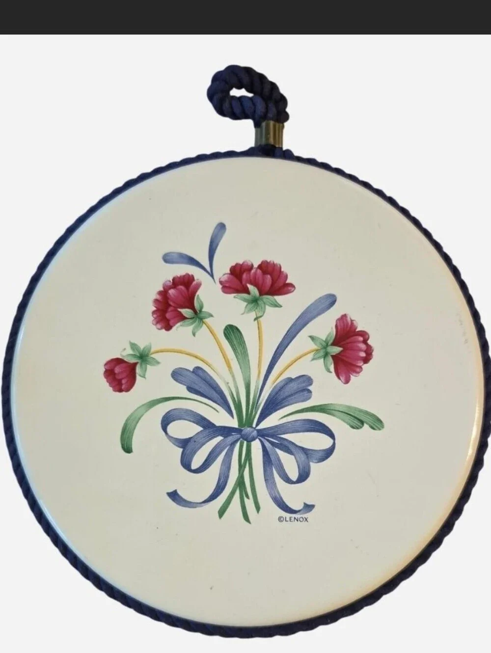 Lenox Poppies Trivet Blue Ribbon with Pink Floral Cottage Grandma